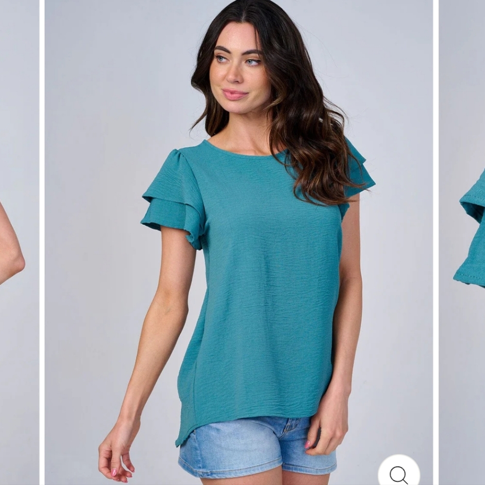 45 Women's Les Anis Teal Ruffle Sleeve Top